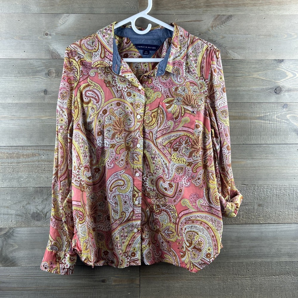 Tommy Hilfiger Womens Shirt Long Sleeve Button Up Paisley Cotton Size Large
